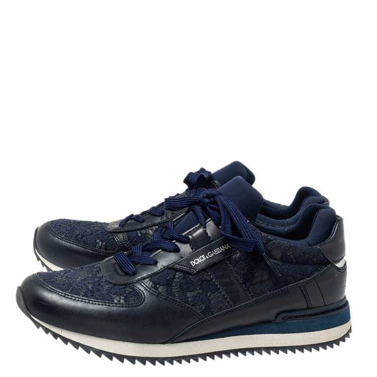 Pre Owned Dolce & Gabbana Blue/ Black Lace And Leather Low Top Sneakers Size 39