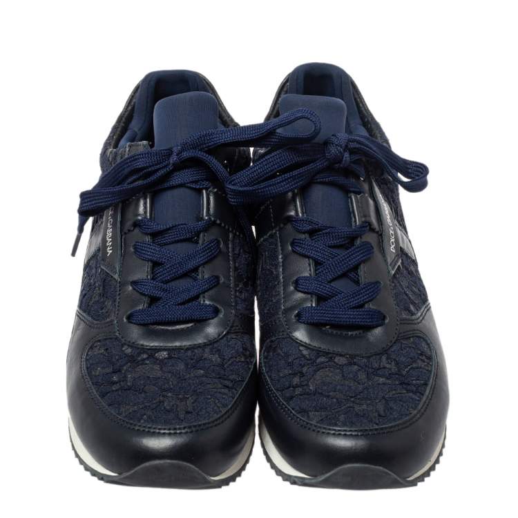 Pre Owned Dolce & Gabbana Blue/ Black Lace And Leather Low Top Sneakers Size 39