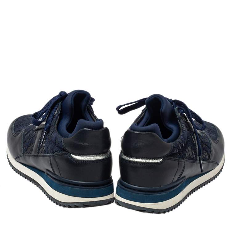 Pre Owned Dolce & Gabbana Blue/ Black Lace And Leather Low Top Sneakers Size 39