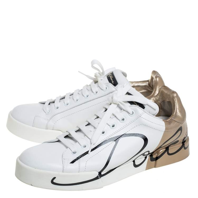 Pre Owned Dolce & Gabbana White/Gold Printed Leather Low Top Sneakers Size 40
