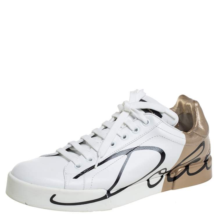 Pre Owned Dolce & Gabbana White/Gold Printed Leather Low Top Sneakers Size 40