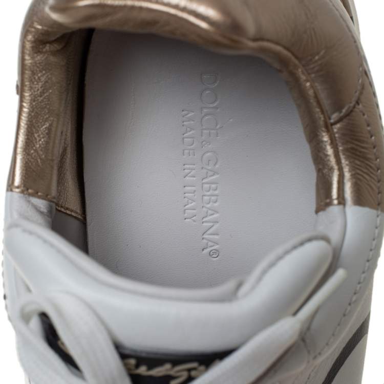 Pre Owned Dolce & Gabbana White/Gold Printed Leather Low Top Sneakers Size 40