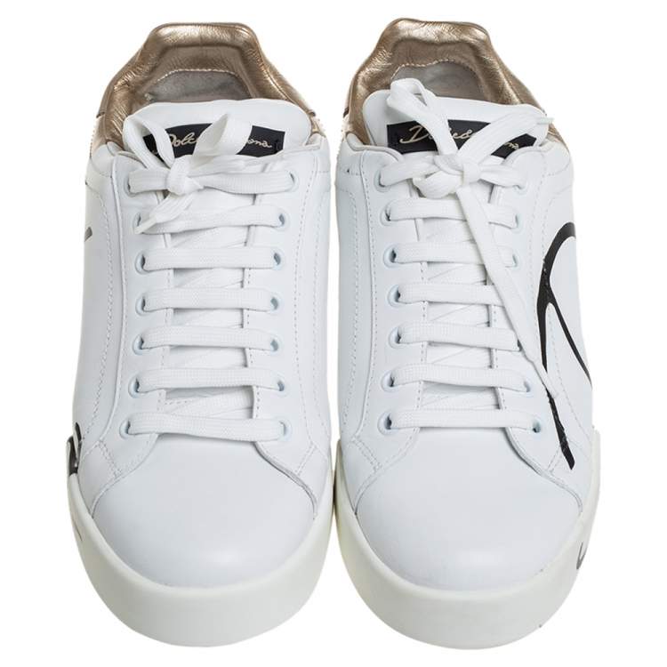 Pre Owned Dolce & Gabbana White/Gold Printed Leather Low Top Sneakers Size 40