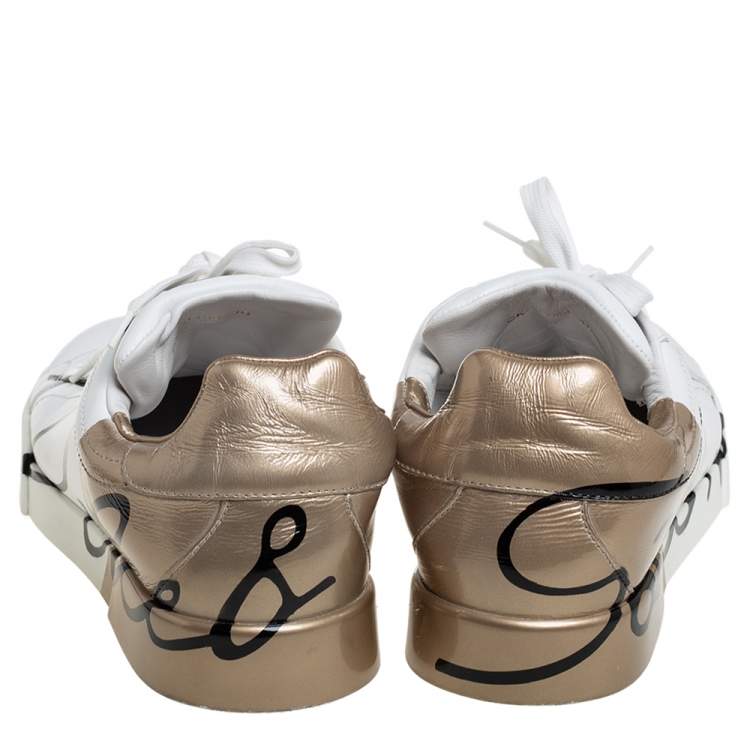 Pre Owned Dolce & Gabbana White/Gold Printed Leather Low Top Sneakers Size 40