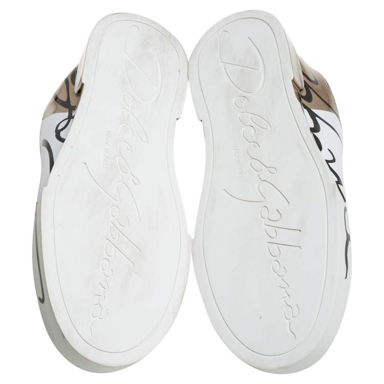 Pre Owned Dolce & Gabbana White/Gold Printed Leather Low Top Sneakers Size 40