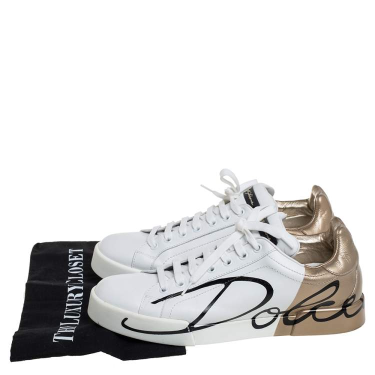 Pre Owned Dolce & Gabbana White/Gold Printed Leather Low Top Sneakers Size 40
