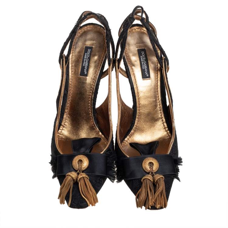 Pre Owned Dolce & Gabbana Black Lace Bow Slingback  Sandals Size 37.5