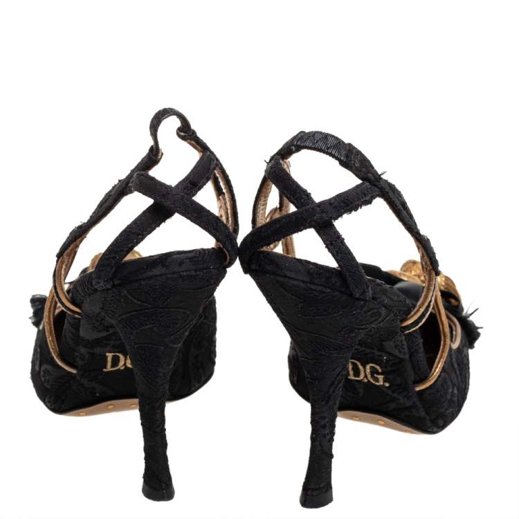 Pre Owned Dolce & Gabbana Black Lace Bow Slingback  Sandals Size 37.5