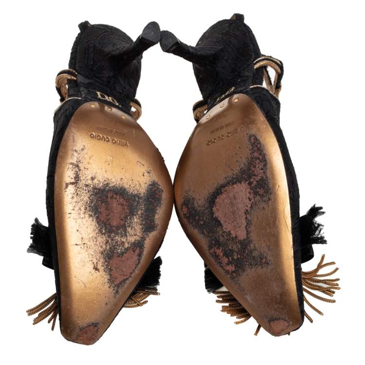 Pre Owned Dolce & Gabbana Black Lace Bow Slingback  Sandals Size 37.5
