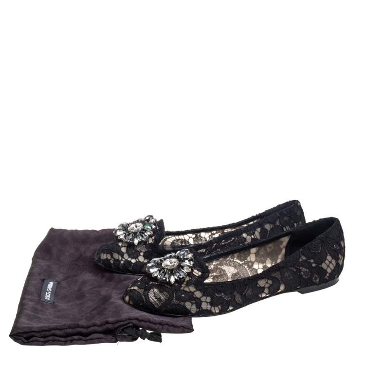 Pre Owned Dolce and Gabbana Black Lace Crystal Embellished Taormina Ballet Flats Size 37.5