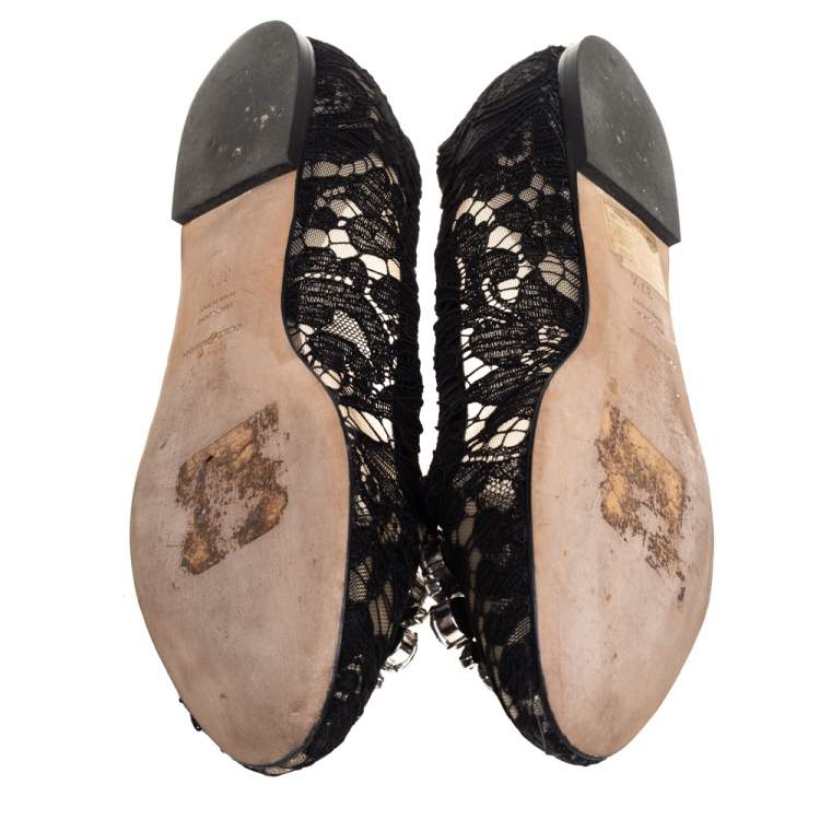 Pre Owned Dolce and Gabbana Black Lace Crystal Embellished Taormina Ballet Flats Size 37.5