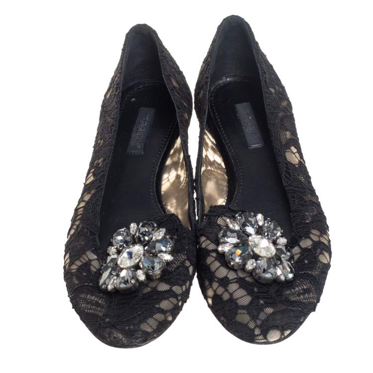 Pre Owned Dolce and Gabbana Black Lace Crystal Embellished Taormina Ballet Flats Size 37.5