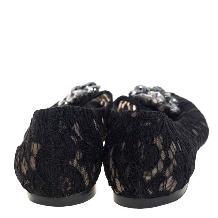 Pre Owned Dolce and Gabbana Black Lace Crystal Embellished Taormina Ballet Flats Size 37.5