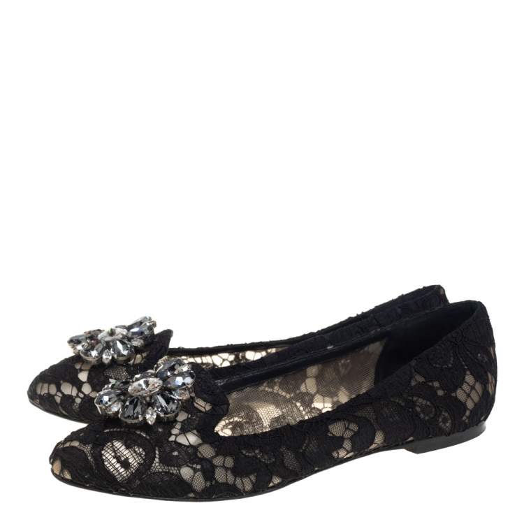 Pre Owned Dolce and Gabbana Black Lace Crystal Embellished Taormina Ballet Flats Size 37.5