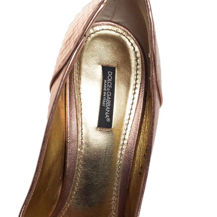 Pre Owned Dolce & Gabbana Metallic Bronze Python Embossed Leather Peep Toe Pumps Size 41