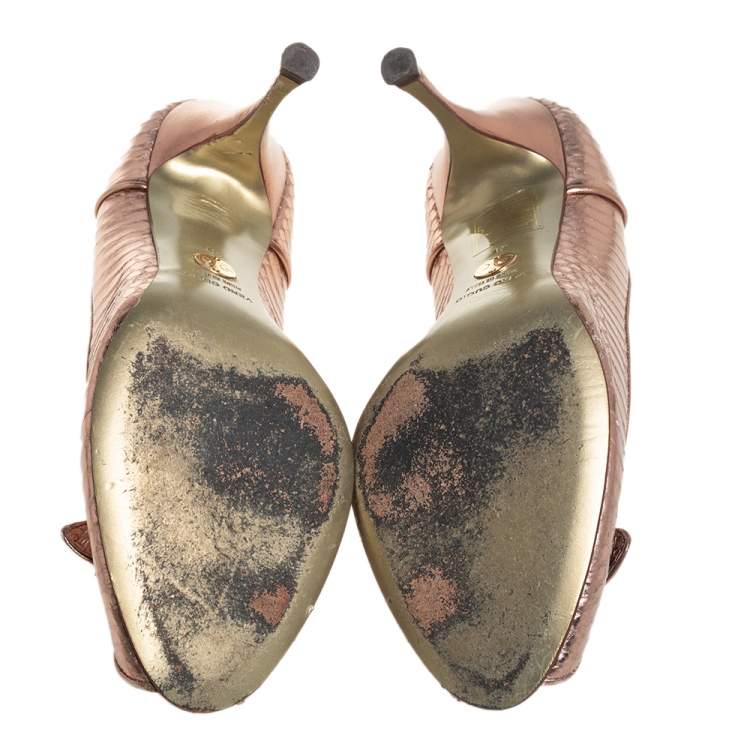 Pre Owned Dolce & Gabbana Metallic Bronze Python Embossed Leather Peep Toe Pumps Size 41