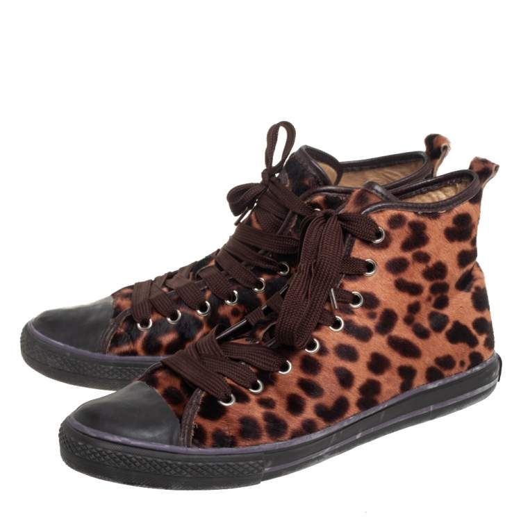 مملوكة مسبقًا Dolce & Gabbana Brown Leopard Print Calf Hair High Top Sneakers Size 38