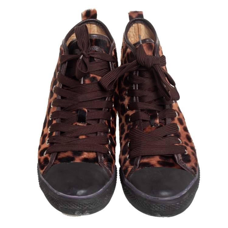 مملوكة مسبقًا Dolce & Gabbana Brown Leopard Print Calf Hair High Top Sneakers Size 38