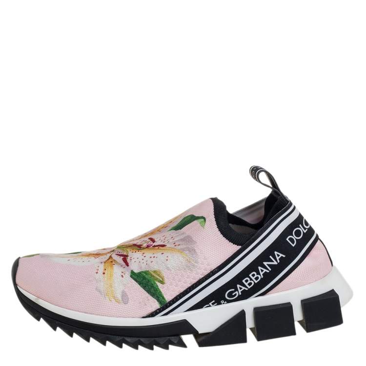 Pre Owned Dolce & Gabbana Pink Floral Knit Fabric Sorrento Slip-On Sneakers Size 38