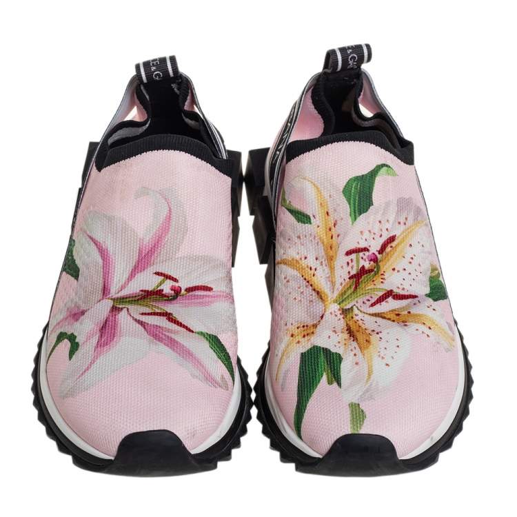 Pre Owned Dolce & Gabbana Pink Floral Knit Fabric Sorrento Slip-On Sneakers Size 38