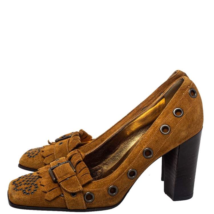 Pre Owned Dolce & Gabbana Brown Suede Block Heel Pumps Size 37