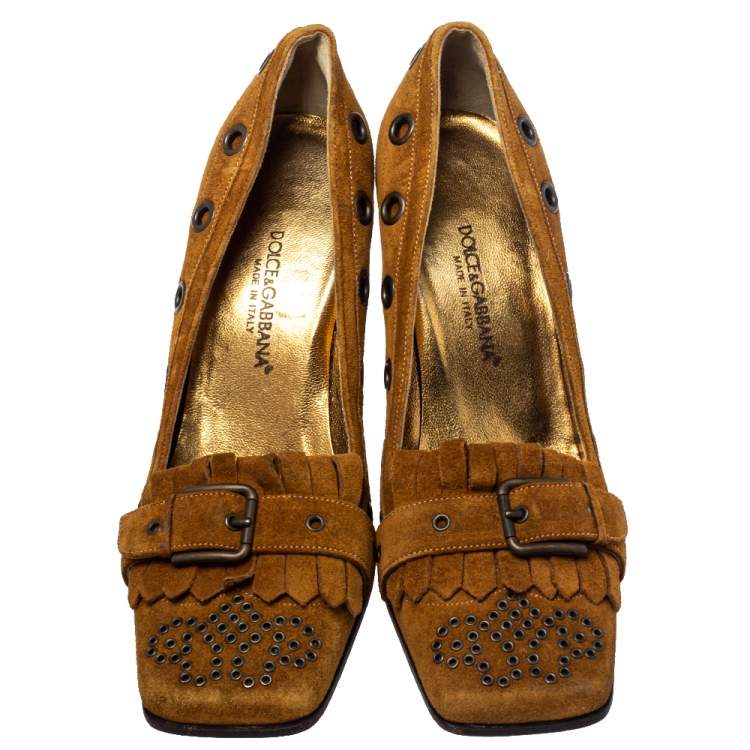 Pre Owned Dolce & Gabbana Brown Suede Block Heel Pumps Size 37
