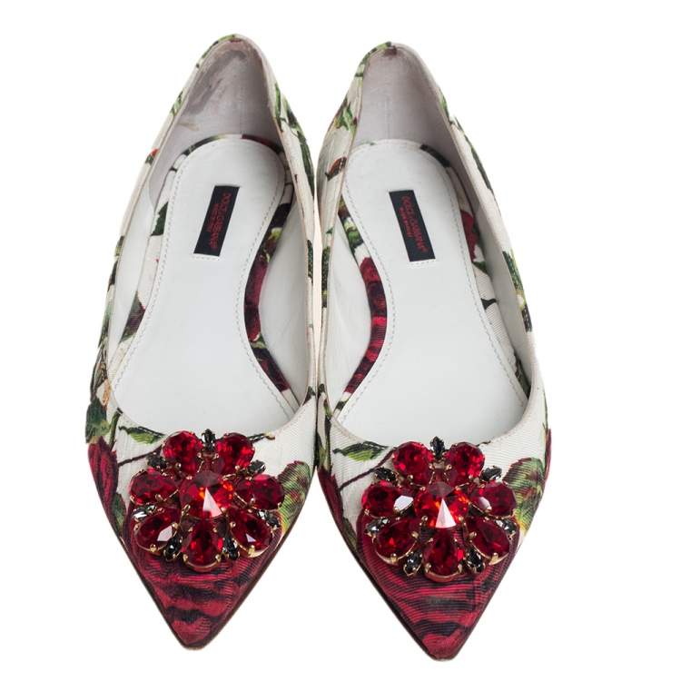 Pre Owned Dolce & Gabbana White Jacquard Rose Print Bellucci Ballet Flats Size 38