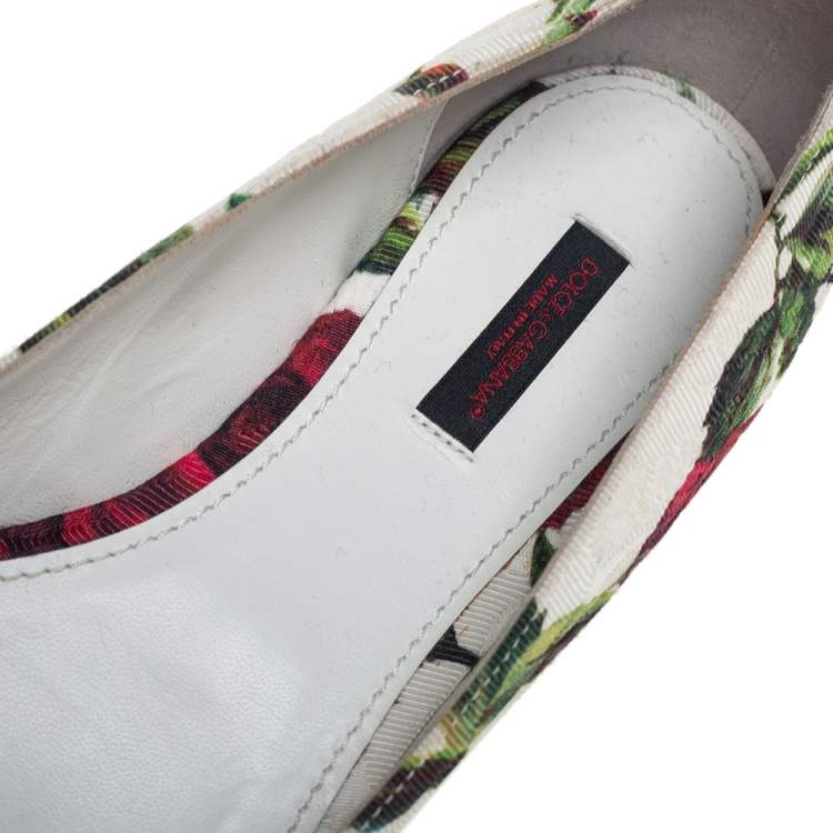 Pre Owned Dolce & Gabbana White Jacquard Rose Print Bellucci Ballet Flats Size 38
