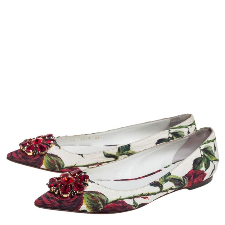 Pre Owned Dolce & Gabbana White Jacquard Rose Print Bellucci Ballet Flats Size 38
