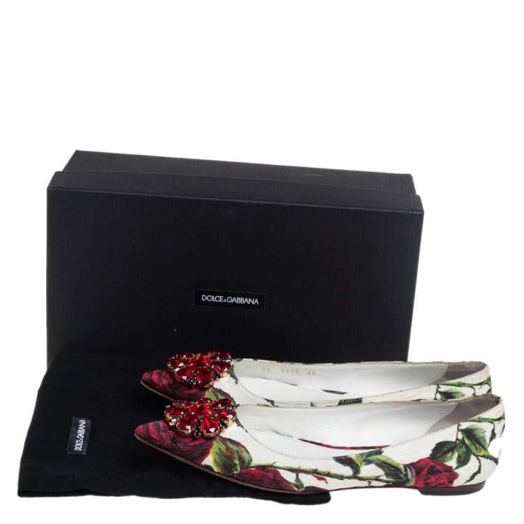 Pre Owned Dolce & Gabbana White Jacquard Rose Print Bellucci Ballet Flats Size 38