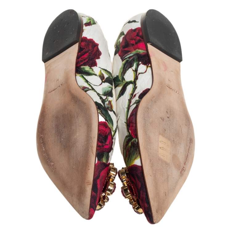 Pre Owned Dolce & Gabbana White Jacquard Rose Print Bellucci Ballet Flats Size 38