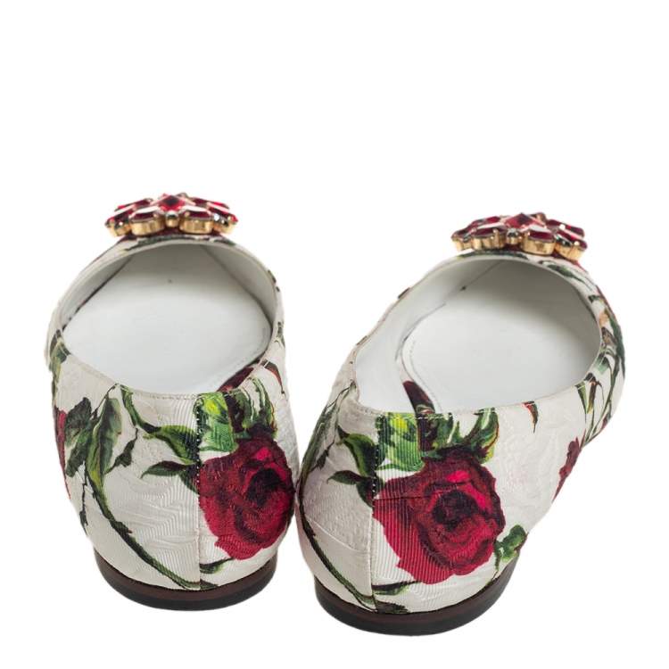 Pre Owned Dolce & Gabbana White Jacquard Rose Print Bellucci Ballet Flats Size 38