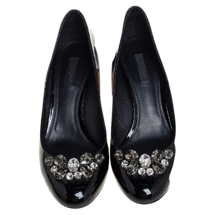 Pre Owned Dolce & Gabbana Black Patent Leather Crystal Embellished Block Heel Pumps Size 40