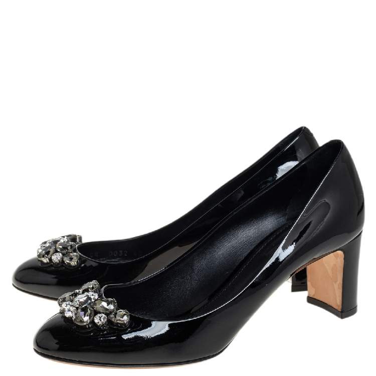 Pre Owned Dolce & Gabbana Black Patent Leather Crystal Embellished Block Heel Pumps Size 40