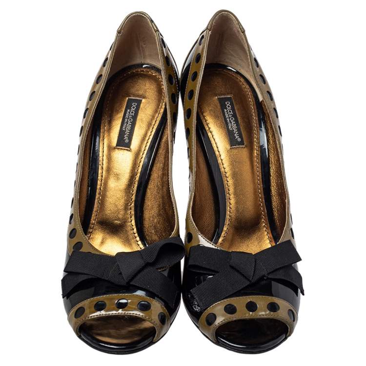 Pre Owned Dolce & Gabbana Black/Brown Patent Leather Peep Toe Pumps Size 39.5