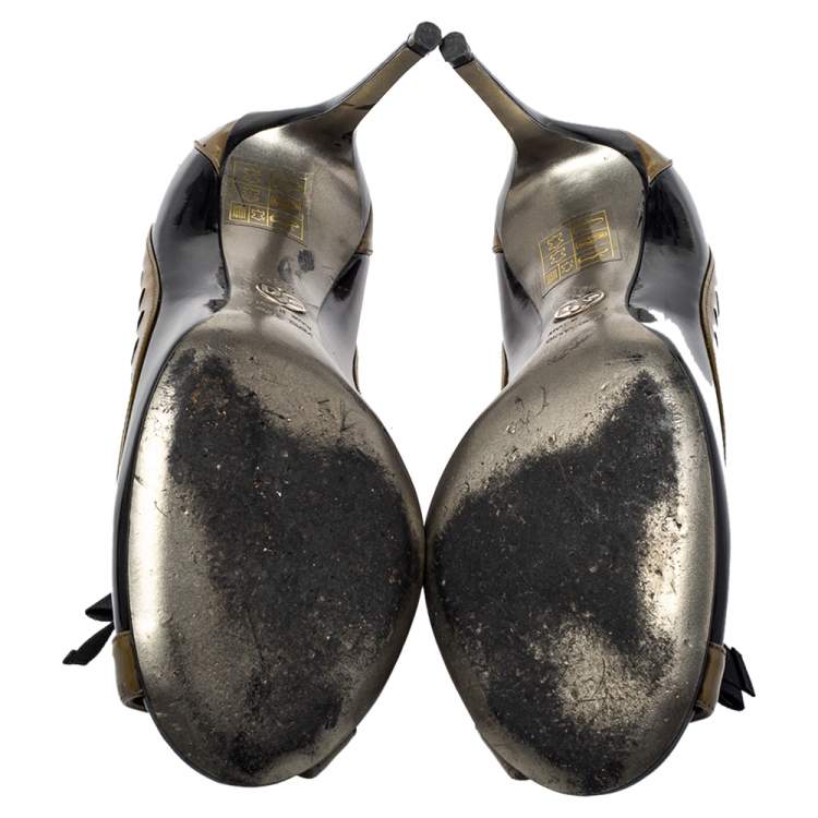 Pre Owned Dolce & Gabbana Black/Brown Patent Leather Peep Toe Pumps Size 39.5
