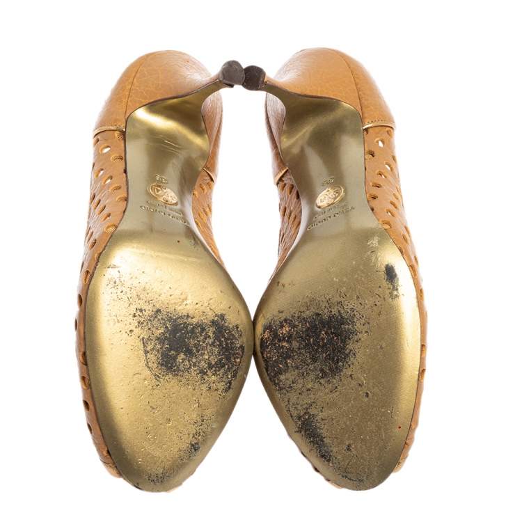 مملوكة مسبقًا Dolce & Gabbana Brown/Gold Perforated Leather Bow Detail Peep Toe Pumps Size 39