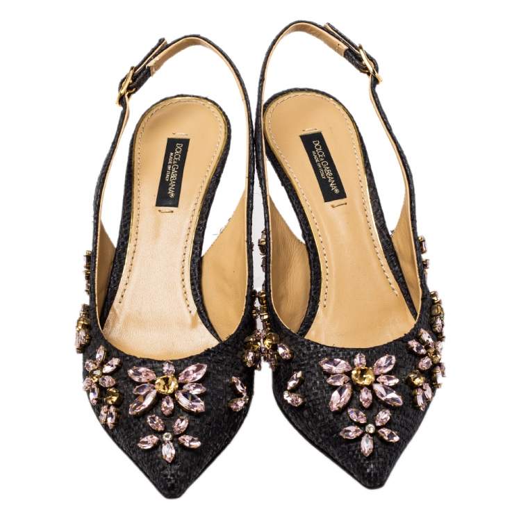 Pre Owned  Dolce & Gabbana Black Leather Embellished Slingback Pumps Size 36