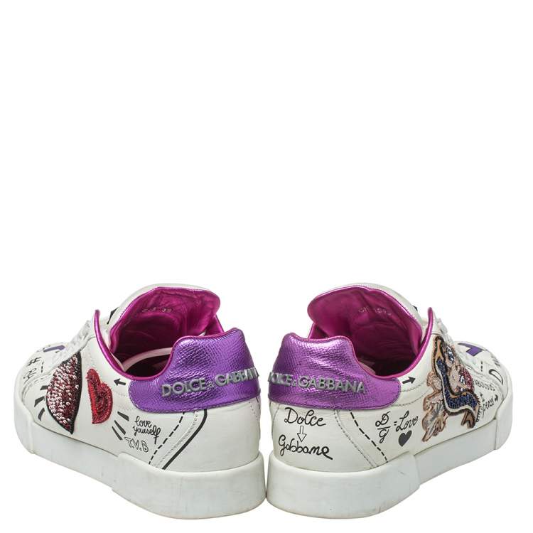 مملوكة مسبقًا Dolce & Gabbana White Leather Patch Embroidered Low Top Sneakers Size 38