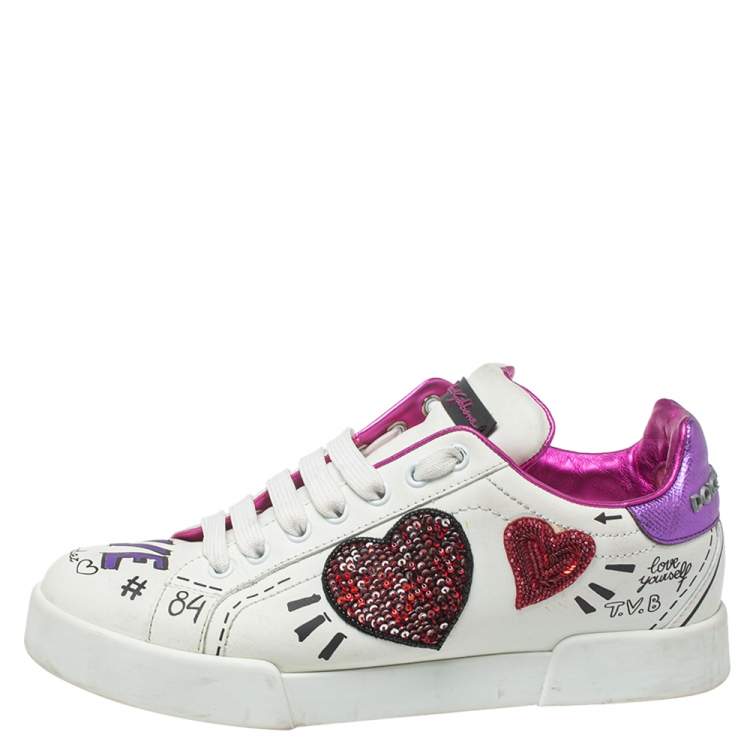 مملوكة مسبقًا Dolce & Gabbana White Leather Patch Embroidered Low Top Sneakers Size 38