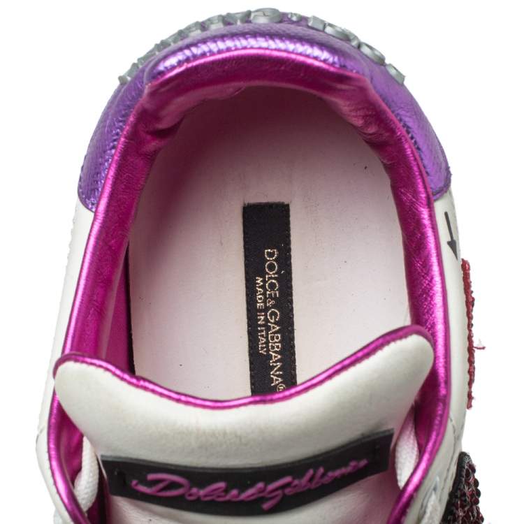 مملوكة مسبقًا Dolce & Gabbana White Leather Patch Embroidered Low Top Sneakers Size 38