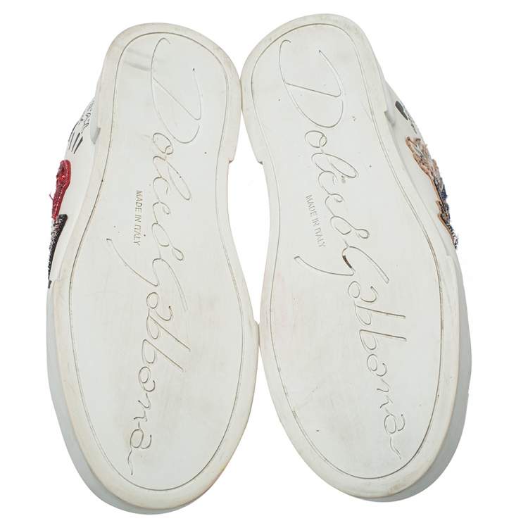مملوكة مسبقًا Dolce & Gabbana White Leather Patch Embroidered Low Top Sneakers Size 38