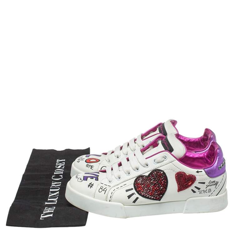 مملوكة مسبقًا Dolce & Gabbana White Leather Patch Embroidered Low Top Sneakers Size 38