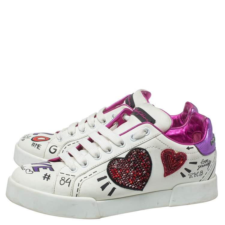 مملوكة مسبقًا Dolce & Gabbana White Leather Patch Embroidered Low Top Sneakers Size 38