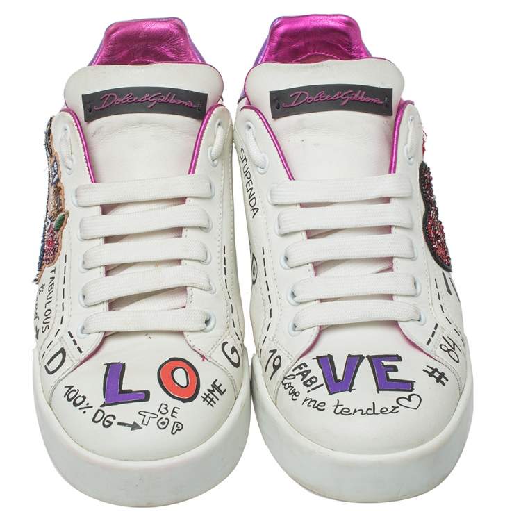 مملوكة مسبقًا Dolce & Gabbana White Leather Patch Embroidered Low Top Sneakers Size 38