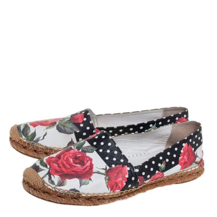 Pre Owned Dolce & Gabbana White Floral Print Leather Espadrille Flats Size 38