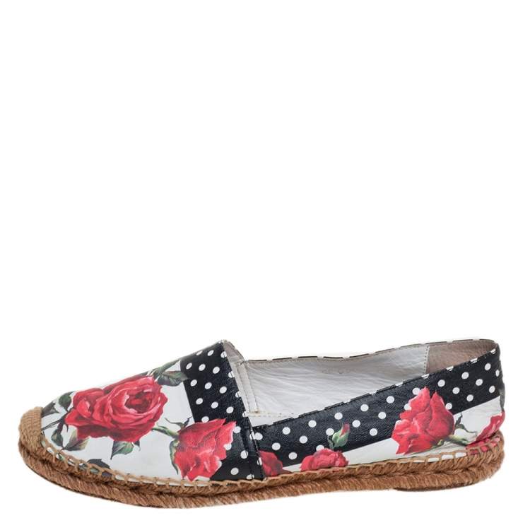 Pre Owned Dolce & Gabbana White Floral Print Leather Espadrille Flats Size 38