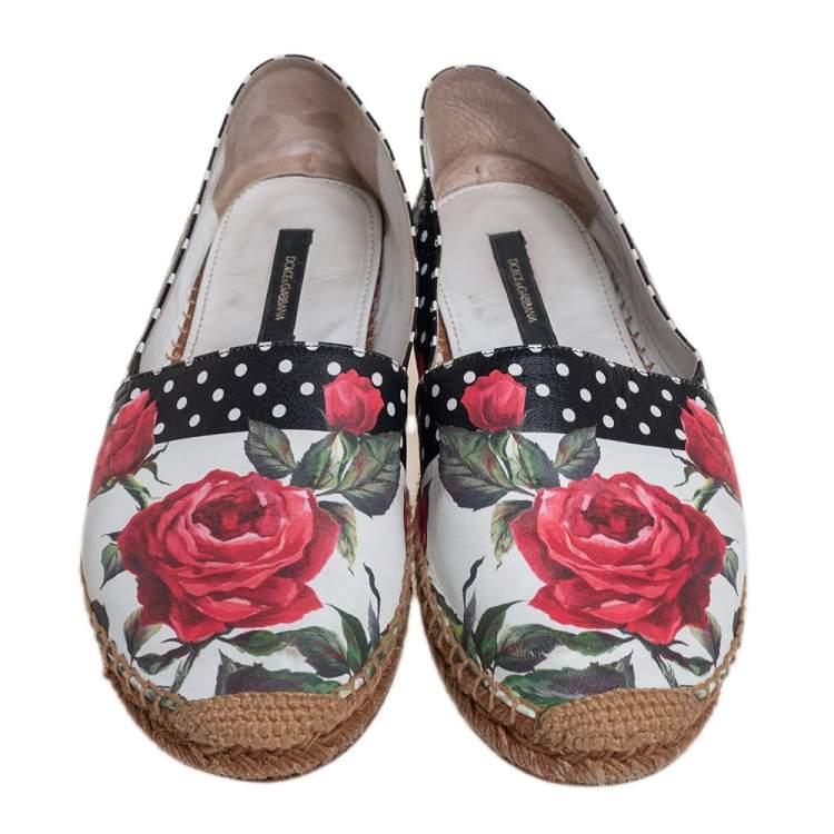 Pre Owned Dolce & Gabbana White Floral Print Leather Espadrille Flats Size 38