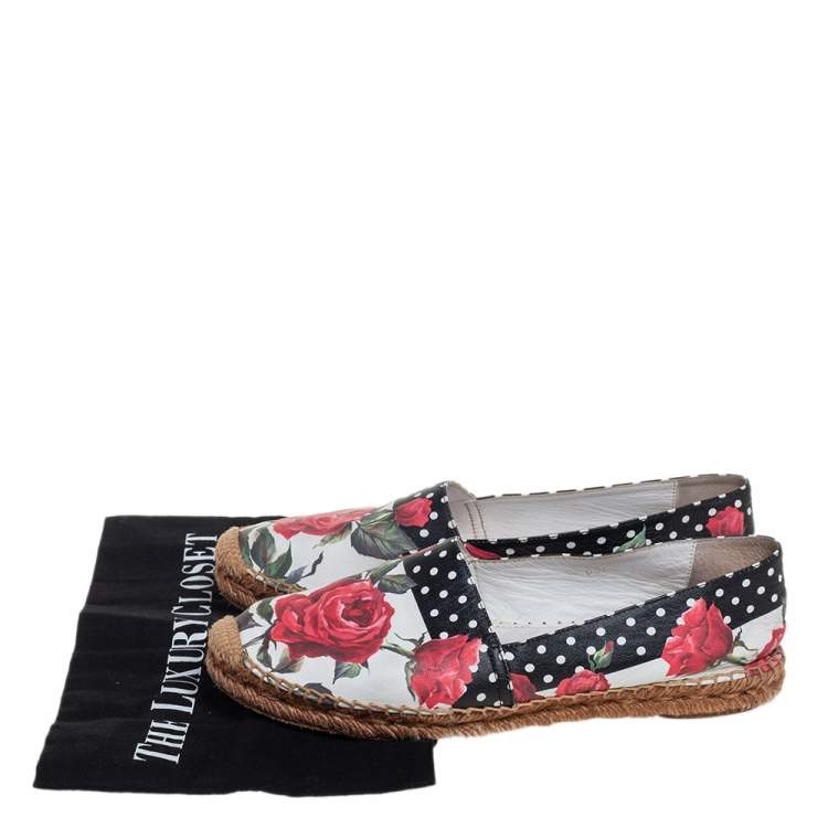 Pre Owned Dolce & Gabbana White Floral Print Leather Espadrille Flats Size 38