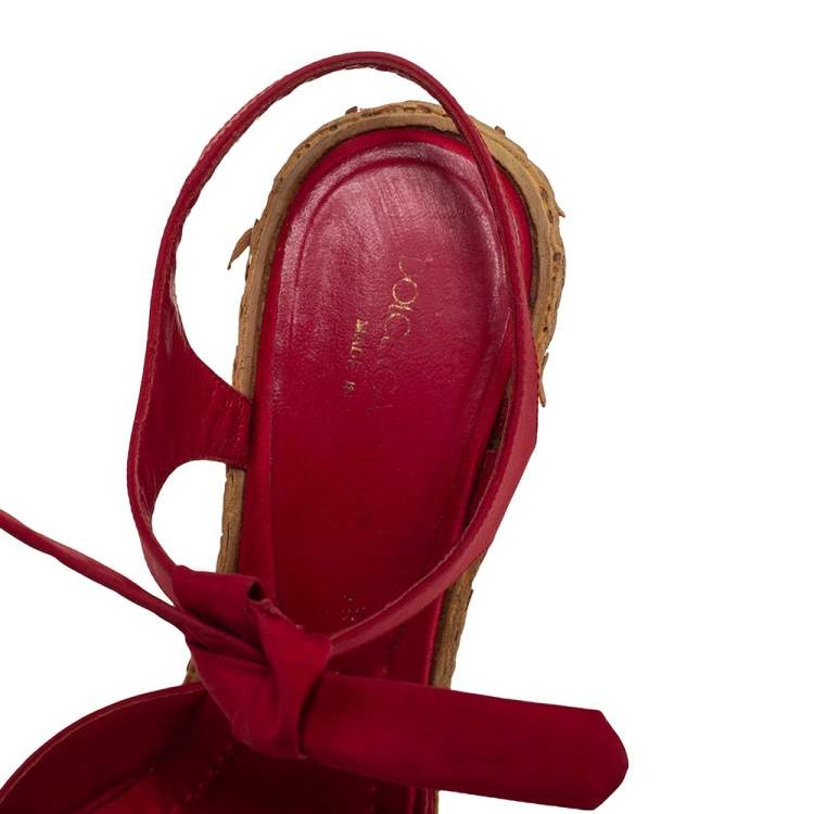Pre Owned Dolce & Gabbana Red Canvas Wedge Ankle Strap Sandals Size 38